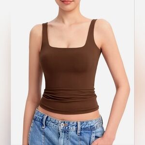 Square Neckline Brown Tank Top